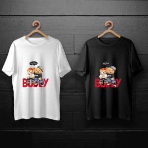 طرح لایه باز خرس تدی با تیشرت و شلوار لی و کلاه روی نوشته رفیق برای چاپ روی انواع تیشرت